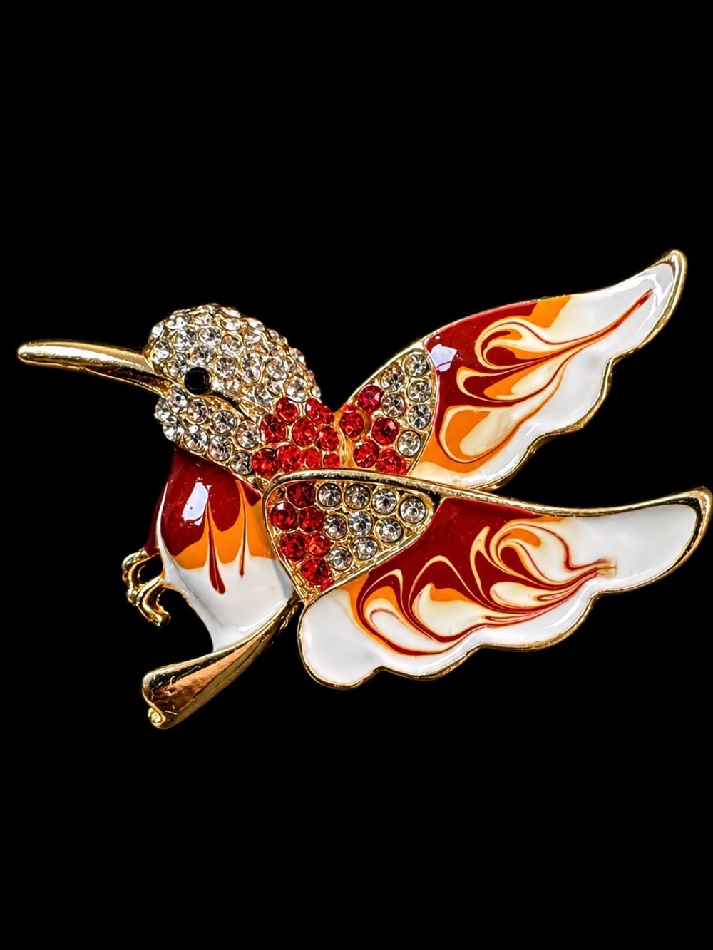 Gold-Tone Red & White Enamel Hummingbird Brooch with Crystals